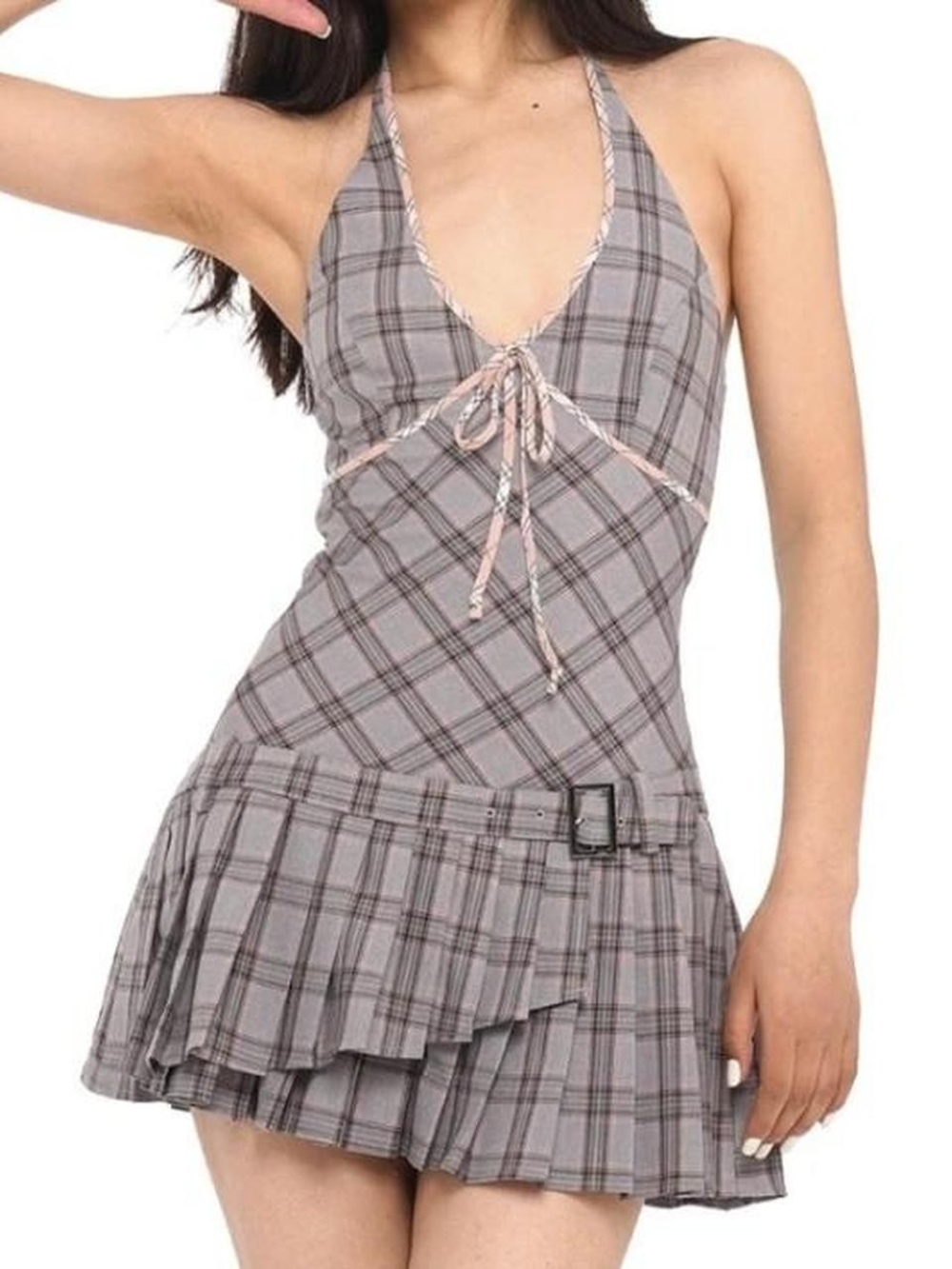 Sweet Chilling Plaid Halter Mini Dress with Belt - Gray,pink